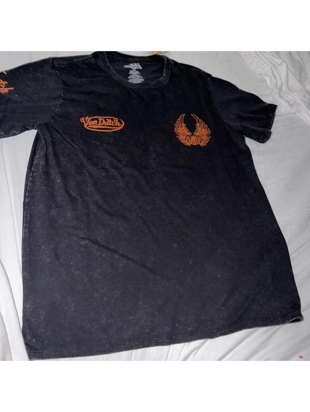 Von Dutch Acid Wash black w/ orange Graphic Print Short Sleeve T-Shirt Large